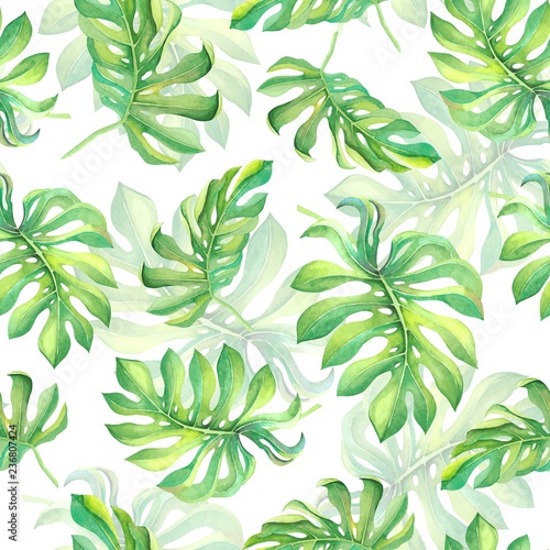 Tropical palm tree leaves. seamless botanical pattern with exotic green foliage and flowers for decoration  banner  fashion print
