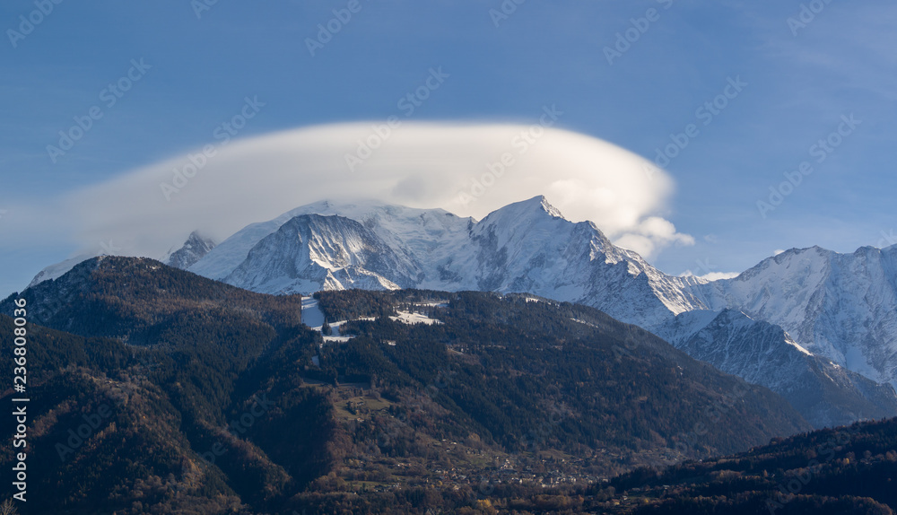 Amazing landscape at the summit of Mont Blanc on the French side covered by clouds