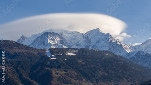 Amazing landscape at the summit of Mont Blanc on the French side covered by clouds