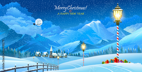 Snowy landscape of a forest and an isolated town.