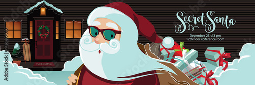 Secret Santa banner design with Cartoon Santa Claus delivering gifts in front of a house decorated for Christmas. Eps10 vector illustration.
