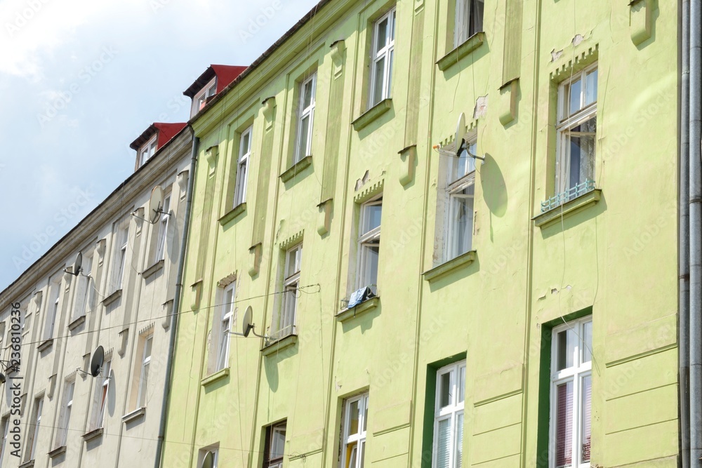 Grey and green facades  in Krakow, Poland
