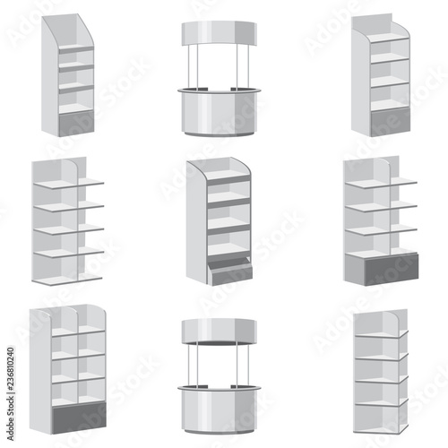 Set round Advertisement POS POI, rack shelves for supermarket floor showcases on a white background. Slender white. Layout template. Vector illustration. Isolated