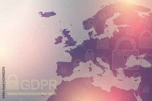GDPR - General Data Protection Regulation. Dotted Europe map and flag. Protection of personal data. Vector illustration.
