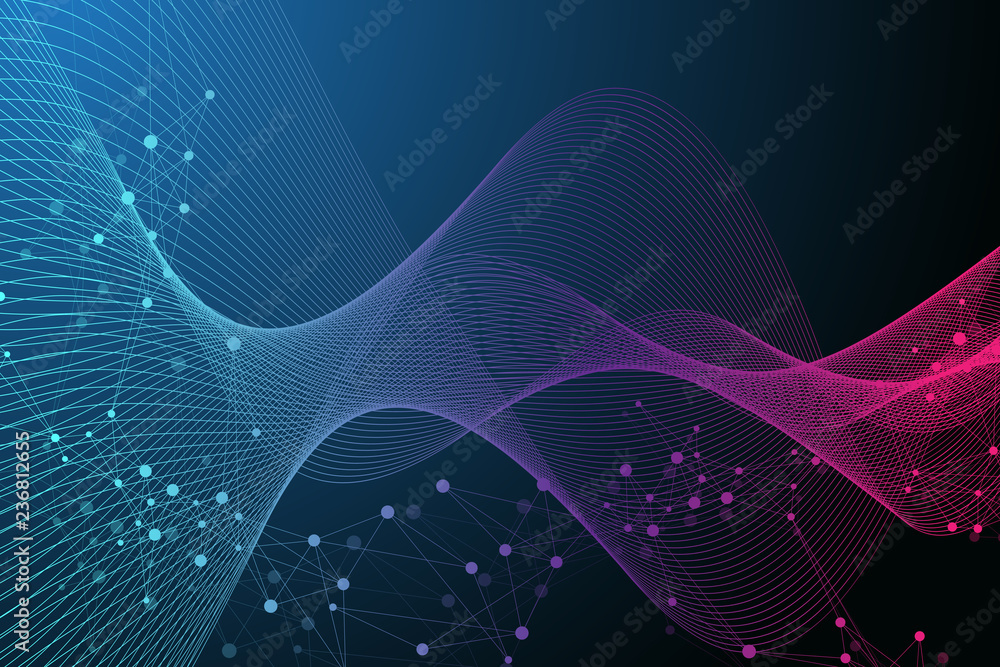 Scientific vector illustration genetic engineering and gene manipulation concept. DNA helix, DNA strand, molecule or atom, neurons. Abstract structure for Science or medical background. Wave flow Scientific vector illustration genetic engineering and gene manipulation concept. DNA helix, DNA strand, molecule or atom, neurons. Abstract structure for Science or medical background. Wave flow