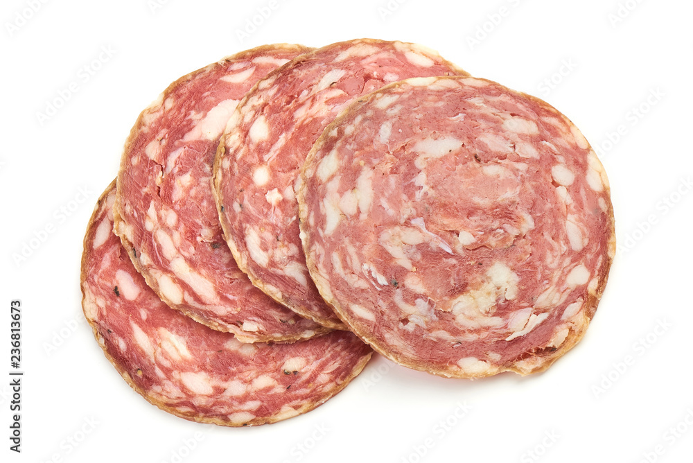 Delicious Hungarian Salami from pork, isolated on a white background. Top view