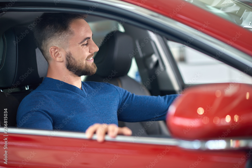 Attractive customer in blue sweater choosing auto in salon. Attractive customer in blue sweater choosing auto in salon.
