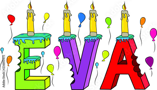 Eva female first name bitten colorful 3d lettering birthday cake with candles and balloons
