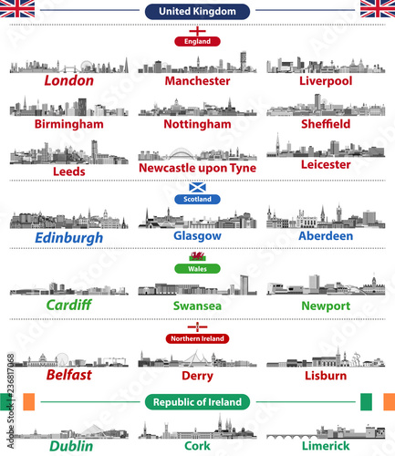 United Kingdom (England, Wales, Scotland, Northern Ireland) and Republic of Ireland cities skylines. All elements separated in editable and detachable layers. Vector set
