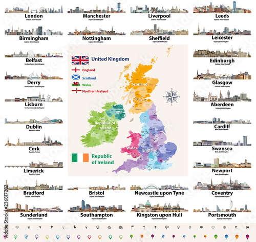 British Isles countries cities skylines vector set. Map and flags of United Kingdom (England, Wales, Scotland, Northern Ireland) and Republic of Ireland
