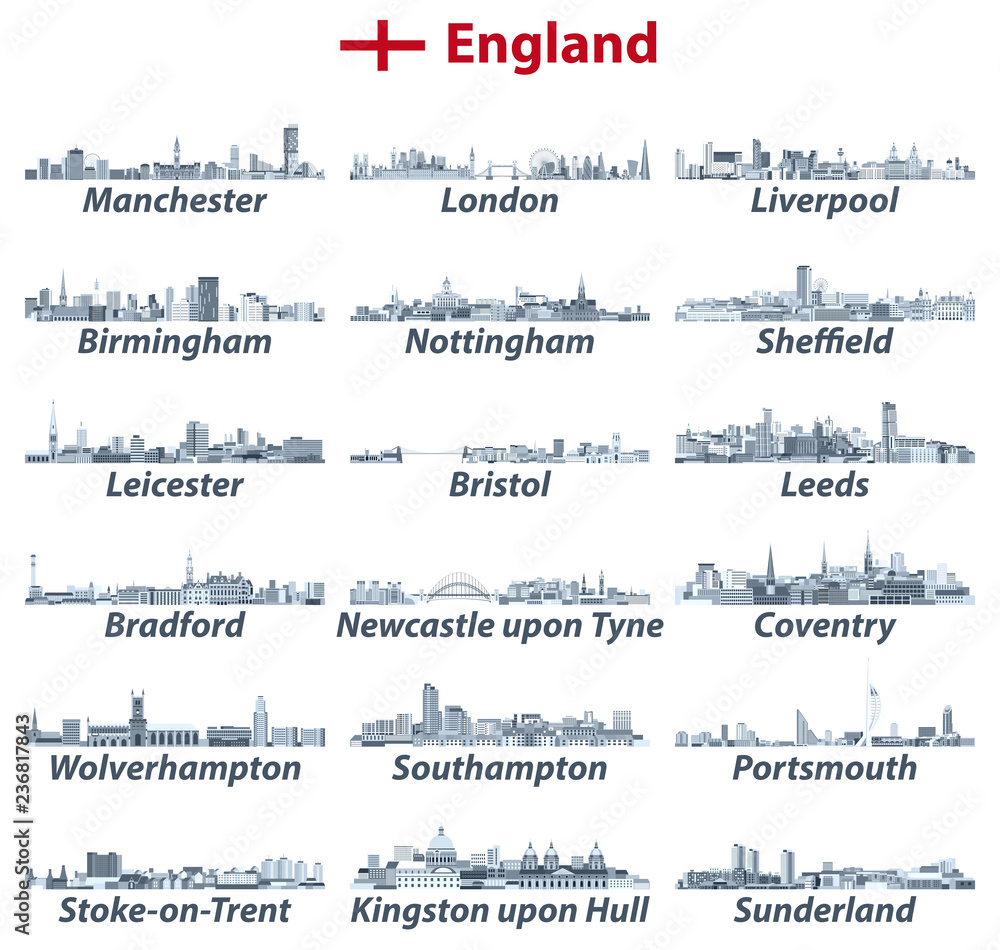 England largest cities vector skylines illustrations in tints of blue color palette. All elements separated in editable and detachable layers
