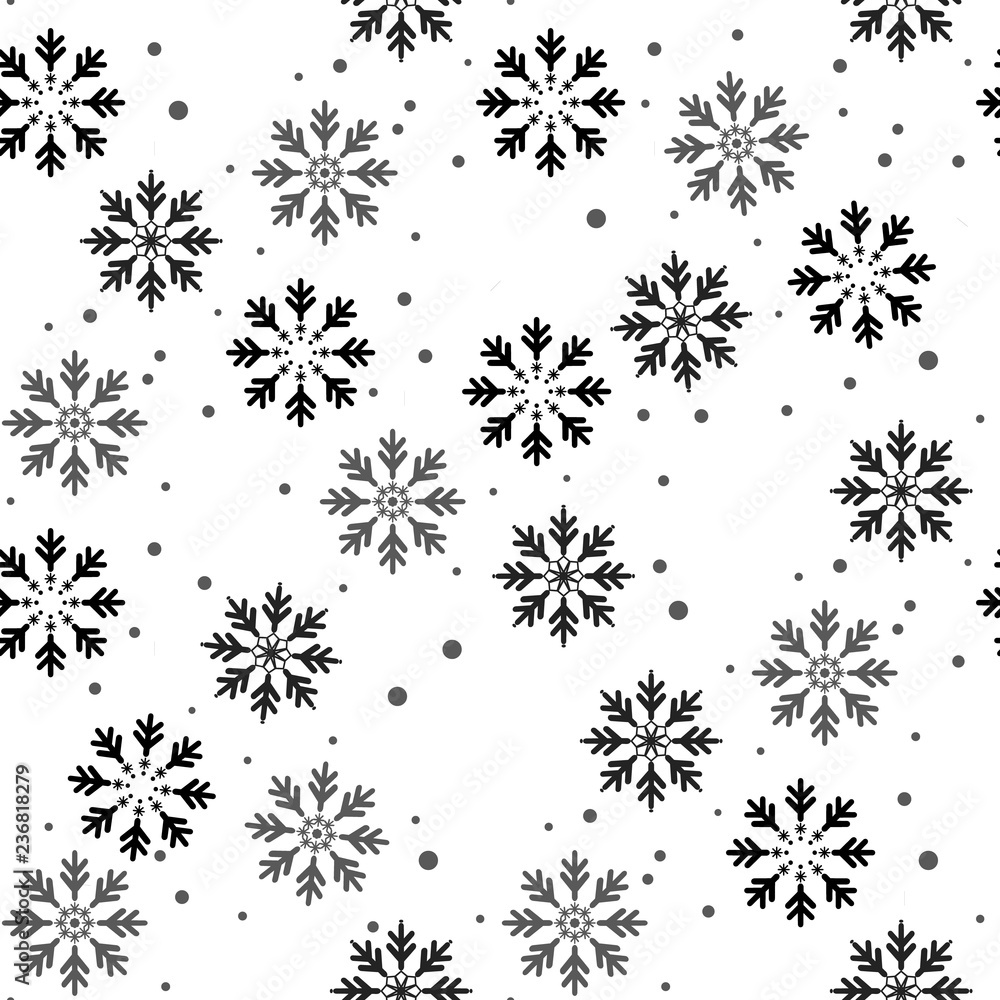 Winter seamless pattern with black snowflakes and dots on white background. New Year backdrop. Vector Christmas background for fabric, textile, wrapping paper, card, invitation, wallpaper.