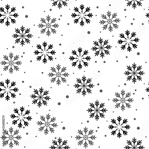 Winter seamless pattern with black snowflakes and dots on white background. New Year backdrop. Vector Christmas background for fabric, textile, wrapping paper, card, invitation, wallpaper.