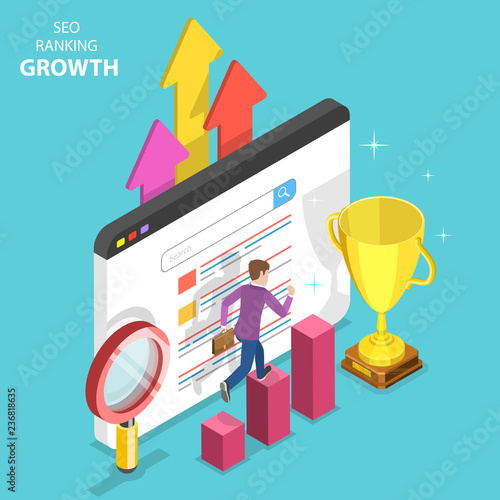 Flat isometric vector concept of seo ranking growth, web analytics, website optimization marketing.