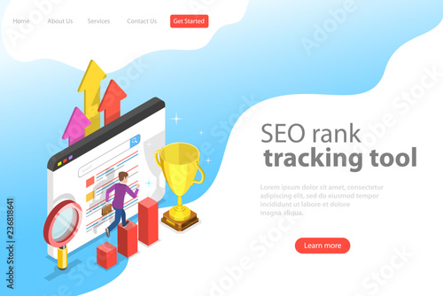Flat isometric vector landing page template of seo rank tracking tool, web analytics, website optimization marketing.