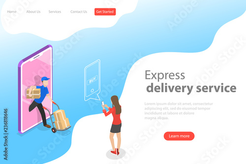 Isometric flat vector landing page template of express delivery service, courier service, goods shipping, food online ordering.