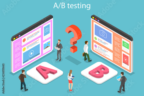 Isometric flat vector concept of AB testing, split test, A-B comparison, web development.