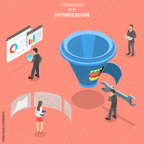 Isometric flat vector concept of conversion rate optimization, marketing funnel, digital marketing strategy.