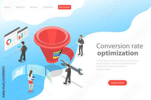 Isometric flat vector landing page template of conversion rate optimization, marketing funnel, digital marketing strategy.