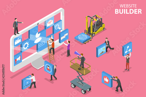 Isometric flat vector concept of website builder, site constructor, web services agency, software deveolpment.