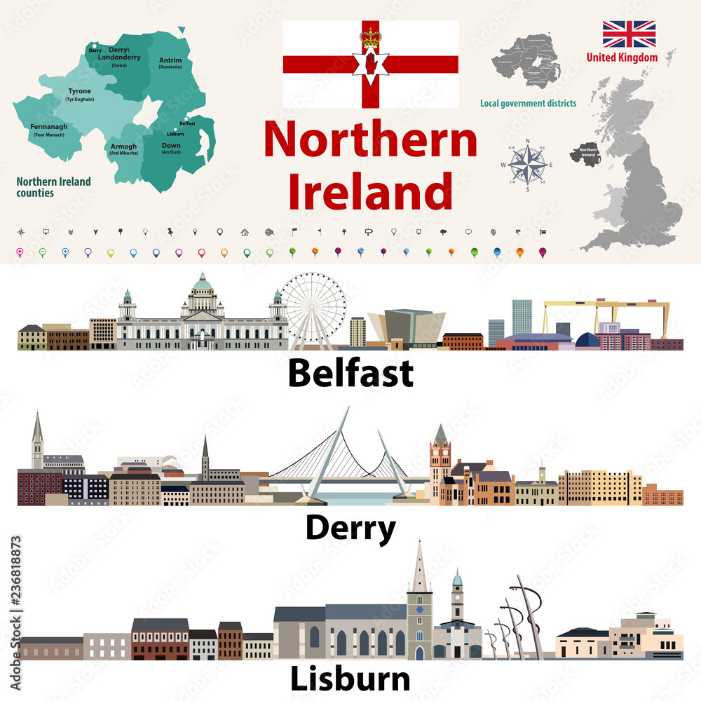 Counties Of Northern Ireland Map Northern Ireland Counties Map And Largest Cities Skylines. Vector Set  Stock-Vektorgrafik | Adobe Stock
