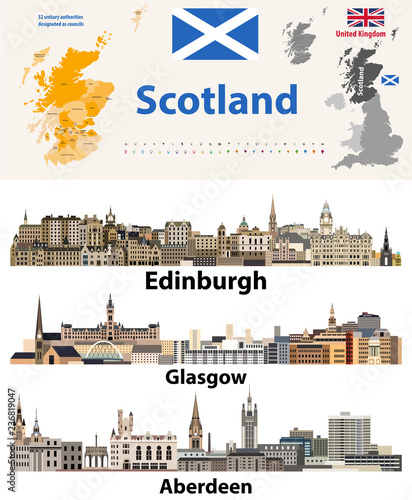 Scotland subdivisions (unitary authorities) map and Scottish largest cities skylines. All elements separated in editable and detachable layers. Vector illustration #236819047