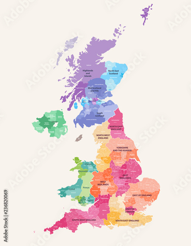 Fotografia United Kingdom administrative districts high detailed vector map colored by regi
