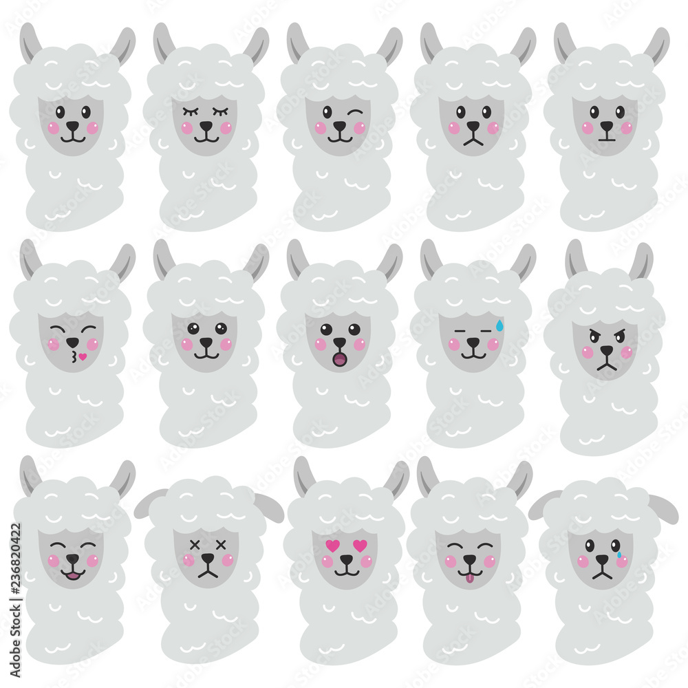 Set of llama's emotions, avatar. Animal facial expression. Cartoon style. Set of emoji smile characters. Isolated on white background. Vector illustration. Set of llama's emotions, avatar. Animal facial expression. Cartoon style. Set of emoji smile characters. Isolated on white background. Vector illustration.