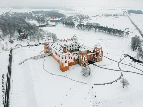 Mir Castle in Belarus. Winter. Drone photo