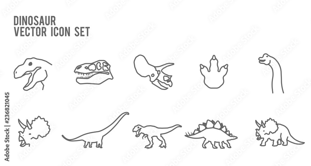 Dinosaurs Fossil Outline Icon Set. Included the icons as footprint, trex, tyrannosaurus, triceratop, skeleton, stegosaurus, brachiosaurus, brontosaurus and more.