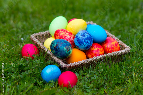 Happy Easter, colorful eggs in a basket