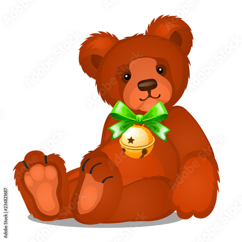 Soft toy teddy bear with jingle bells with green ribbon bow isolated on white background. Sketch of Christmas festive poster, party invitation, other holiday card. Vector cartoon close-up illustration