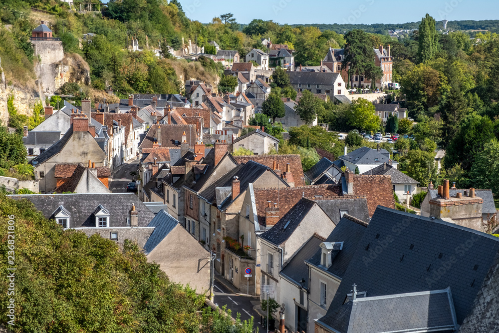 Fototapeta premium Panoramic view over roofs toward historic city center of Amboise, Loire valley, France.