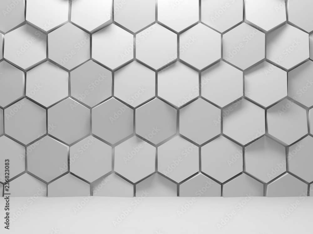Fototapeta premium Hexagons installation on front wall, 3d art