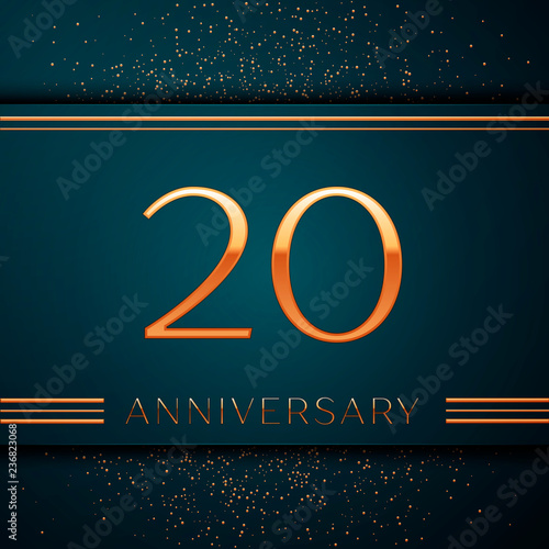 Realistic Twenty Years Anniversary Celebration design banner. Golden number and confetti on green background. Colorful Vector template elements for your birthday party