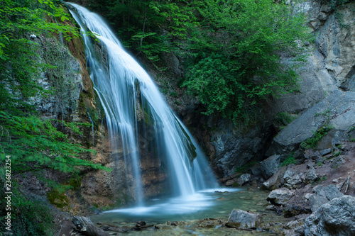 Beautiful waterfall Jur-Jur in the Crimea in the evening.