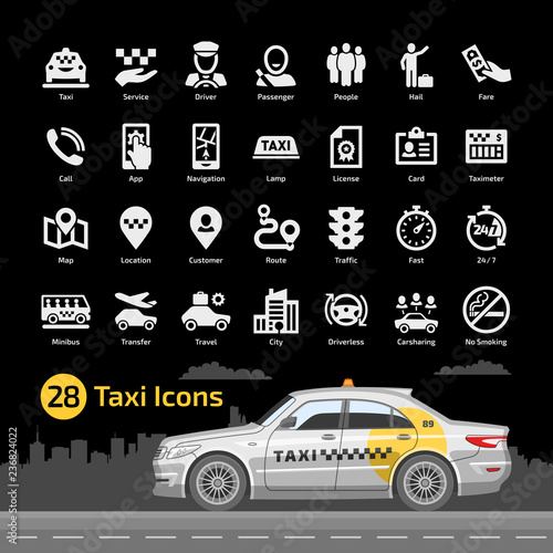 Vector taxi cab car service icon set with sedan mockup on a black background. Motor transport, driver, passenger, map, location, customer, route and more flat silhouette symbol.