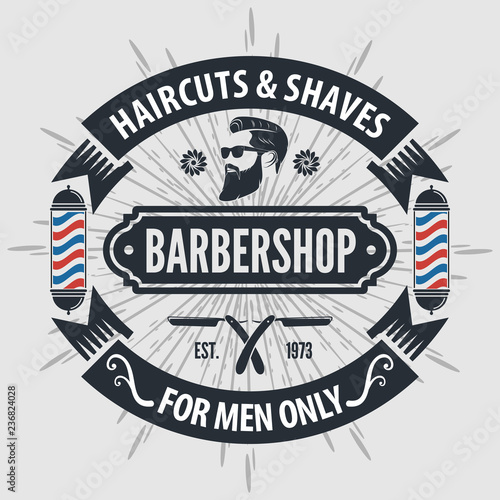 Barber shop vintage label, badge, or emblem on gray background. Vector illustration