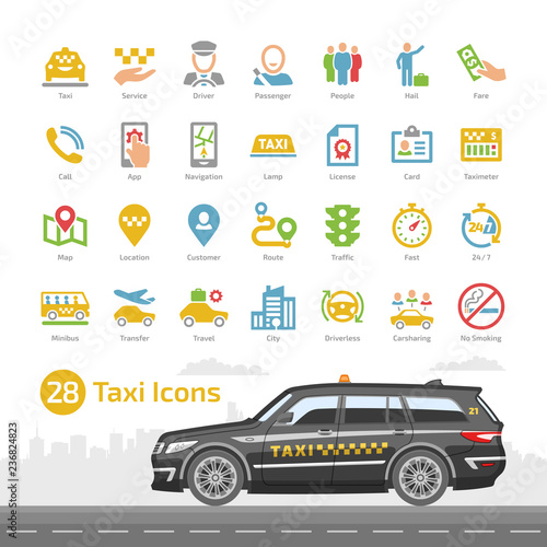 Vector taxi cab car service color icon set with black station wagon mockup. Motor transport, driver, passenger, navigation, mobile app and city traffic flat silhouette sign.