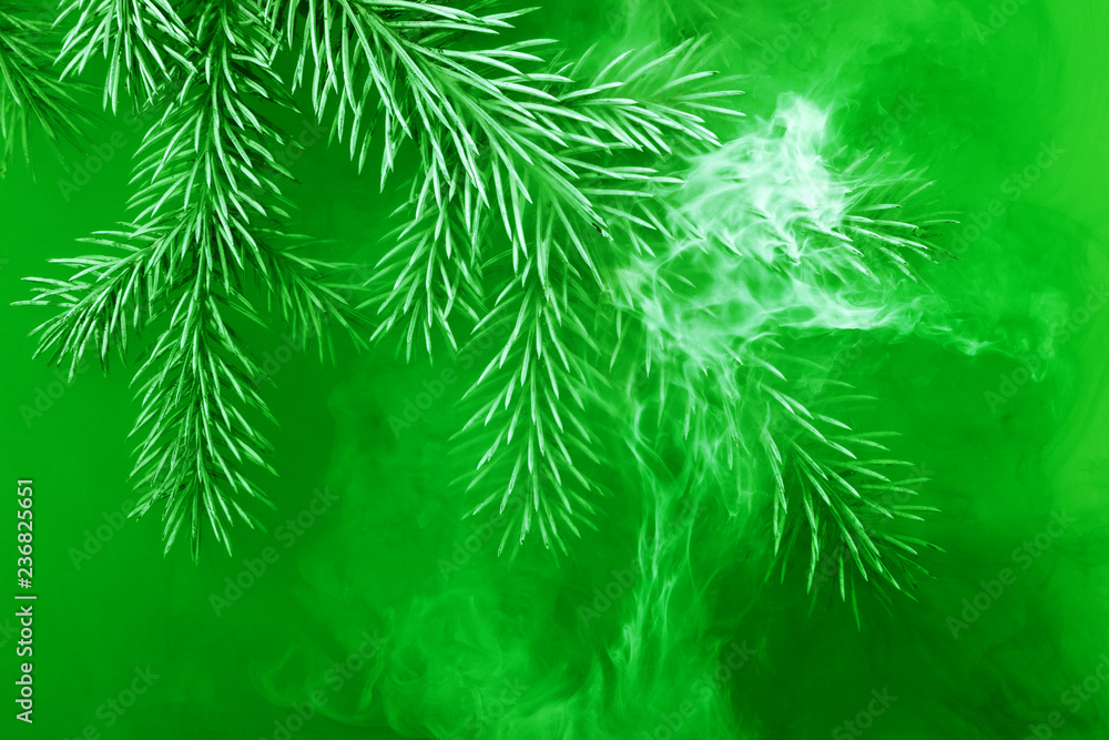 water color white background acrylic inside green UFO smoke steam frost haze snow spruce branch needles christmas tree winter ocean sea vortex depth