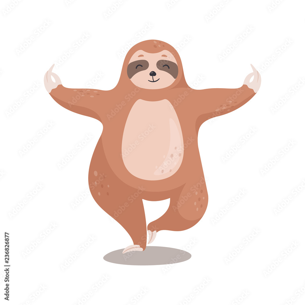 Obraz premium Cute cartoon Sloth standing in yoga pose. Sloth bear isoleted on white background. Vector illustration.
