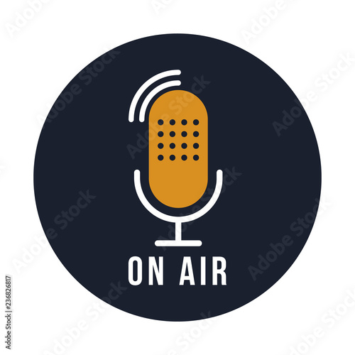Studio table microphone with text on air. Webcast audio record design. Radio mic icon. Vector illustration