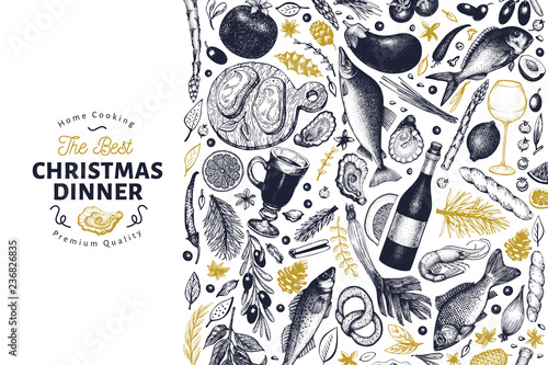 Happy Christmas Dinner design template. Vector hand drawn illustrations. Greeting Christmas card in retro style. Frame with harvest, vegetables, pastry, bakery, seafood, fish