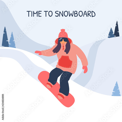 Cartoon vector illustration of snowboard. Girl snowboarder in the mountains. Active winter sport.