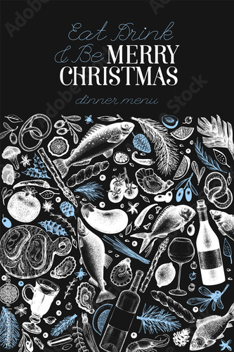 Happy Christmas Dinner design template. Vector hand drawn illustrations. Greeting Christmas card in retro style. Frame with harvest, vegetables, pastry, bakery, seafood, fish
