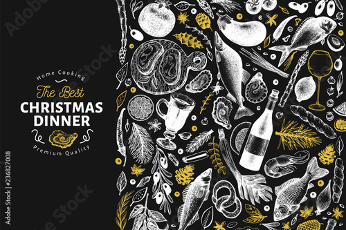 Happy Christmas Dinner design template. Vector hand drawn illustrations. Greeting Christmas card in retro style. Frame with harvest, vegetables, pastry, bakery, seafood, fish