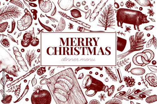 Happy Christmas Dinner design template. Vector hand drawn illustrations on chalk board. Greeting Christmas card in retro style. Frame with harvest, vegetables, pastry, bakery, meat