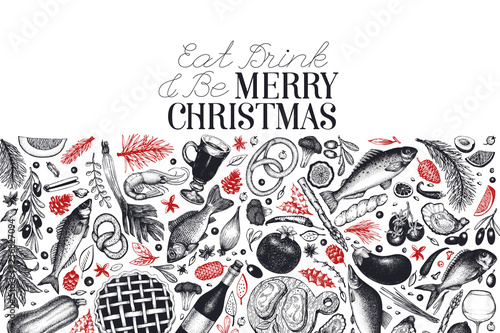Happy Christmas Dinner design template. Vector hand drawn illustrations. Greeting Christmas card in retro style. Frame with harvest  vegetables  pastry  bakery  seafood  fish