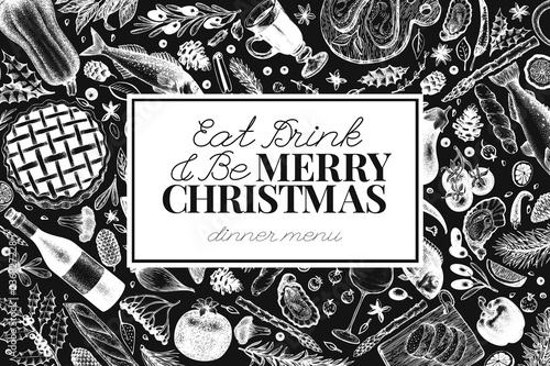 Happy Christmas Dinner design template. Vector hand drawn illustrations. Greeting Christmas card in retro style. Frame with harvest, vegetables, pastry, bakery, seafood, fish