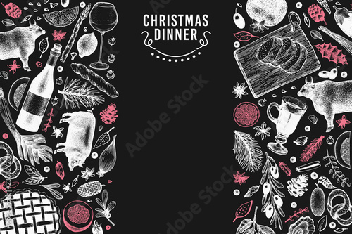 Happy Christmas Dinner design template. Vector hand drawn illustrations on chalk board. Greeting Christmas card in retro style. Frame with harvest, vegetables, pastry, bakery, meat